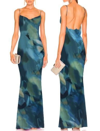 Capuffy Women Tie Dye Maxi Dresses Lace Backless Cocktail Party Dress Spaghetti Straps Mermaid Evening Gown 221(Tie Dye Blue,S)