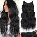 KooKaStyle Invisible Wire Hair Extensions with Transparent Wire Adjustable Size 4 Secure Clips Long Wavy Secret Synthetic Hairpiece (24 Inch, Black)