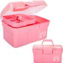 11in Mutipurpose Storage Box Organizer with Removable Tray, Portable Small Craft Organizer with Handle, Plastic Clear Tool Box Art Case for Makeup, Sewing, Nail, Hair Accessories (Pink)