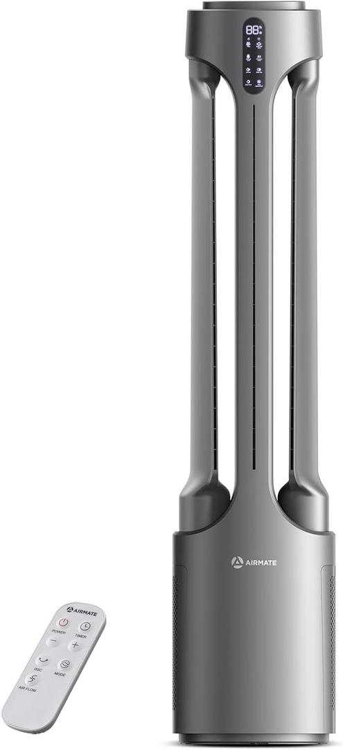 AIRMATE Air Purifier Bladeless Tower Fans, 1500CFM Large Air Volume, 45" 2-in-1 Standing Fan for Bedroom & Home, 28ft/s Velocity, 90 Oscillation, 15H Timer, Low Noise, Silver