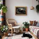 Vintage Gold Framed Black Cat Wall Art Dark Cottagecore Painting 12x16 Inch