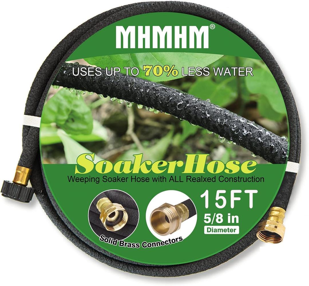 5/8" Soaker Hose for Garden Drip Hose Irrigation System with Solid Brass Fitting for Lawns Flower Beds & Vegetable Gardens (15FT)