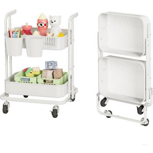 DTK 2 Tier Rolling Cart, Small Metal Utility Cart with Lockable Wheels, Foldable Craft Cart, 2 Shelf Folding Storage Trolley for Living Room, Kitchen, Bathroom, Bedroom and Office, White