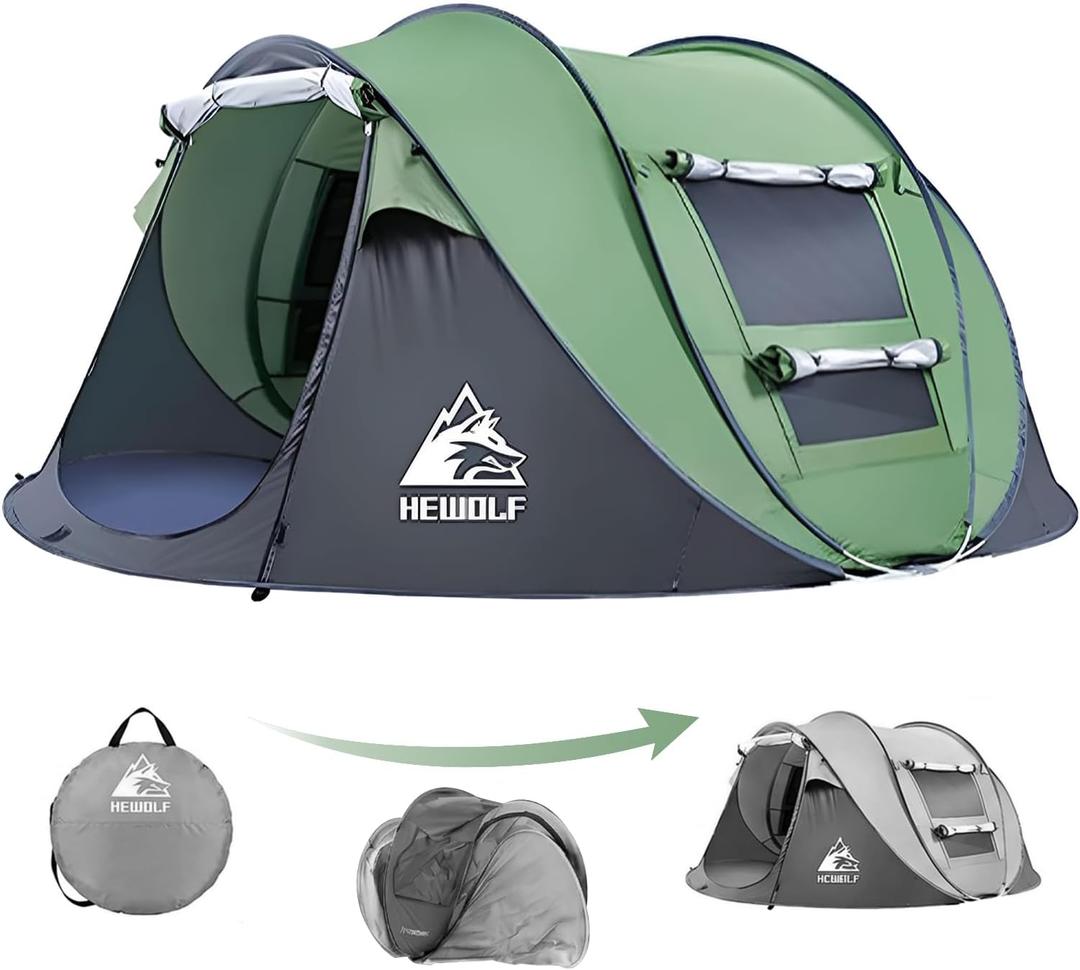 HEWOLF 3-4 Person Pop Up Tents for Camping Easy Set Up Pop Up Tent Waterproof Portable Tent Automatic Setup with 2 Bigs Doors Family Tents for Hiking (Green)