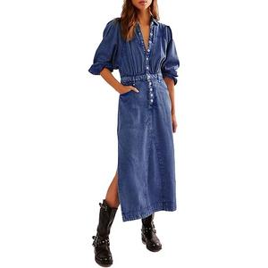 Womens Denim Long Shirt Dress Casual Button Down Jean Dress Collar ALine Flowy Midi with Pocket, M