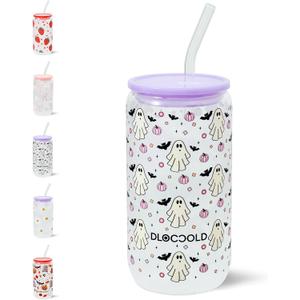 DLOCCOLD Glass Tumbler with Straw and Lid, 20oz Ice Coffee Glass Cup Drinking Glasses for Water, Coffee, Smoothie with 1 Cleaning Brushes (Bat & Boo)