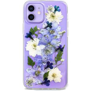 Abbery Designed for iPhone 12/12 Pro Pressed Flower Case, Cute Clear with Design Soft TPU Transparent Dried Real Flower Purple Floral Aesthetic Phone Case for Women Girls Kids (Navy Flower)