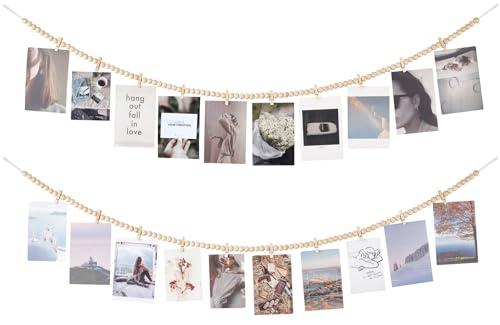 Mkono Hanging Photo Display with Clips, Boho Wooden Bead Garland Banner, Collage Card Picture Kids Art Holder String with 10 Clips for Christmas Bedroom Dorm Decor, Teen Girl Gifts, Brown, 2 Pack