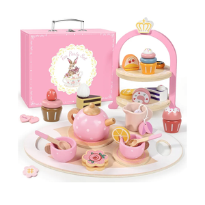 Wooden Tea Party Set for Little Girls, Toddler Girl Gifts Princess Tea Time Toys, Wooden Tea Set Tray Cake Dessert, Kids Kitchen Pretend Play, Birthday for Girls Age 2-5 Years Old, A. Pink Polka Tea