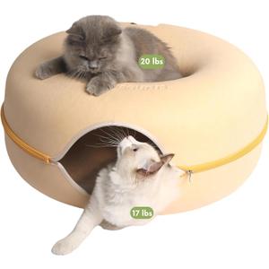 Cattasaurus Peekaboo Cat Cave Donut for Multiple & Large Cats up to 30-45 lbs, 3-in-1 Self Warming Cat Bed, Tunnel & Scratcher for Indoor Cats, Washable & Detachable Dog Bed (Pastel Macaron, Large)