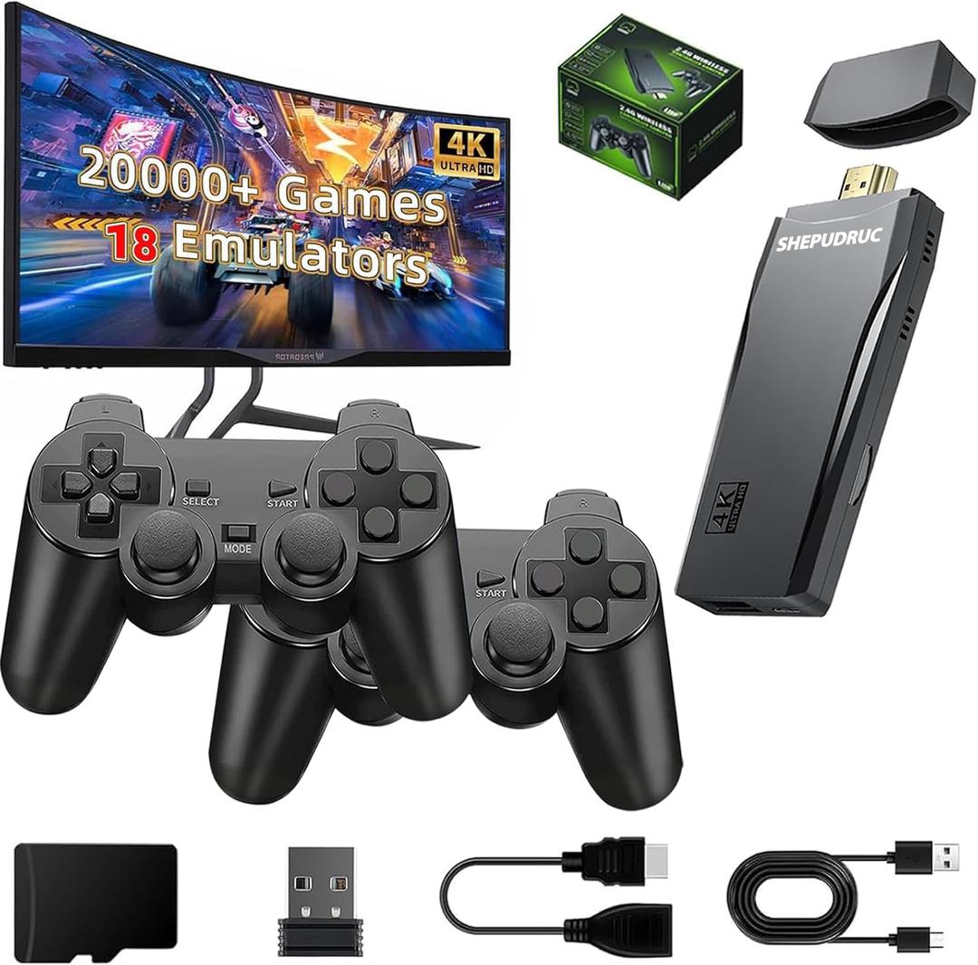 SHEPUDRUC Wireless Retro Handheld Game Console, Game Console Stick Built-in 20000+ Plug-and-Play Video Games, Equipped with 18 Simulators, 4K HDMI Output and Dual 2.4G Controller63GB Memory Card