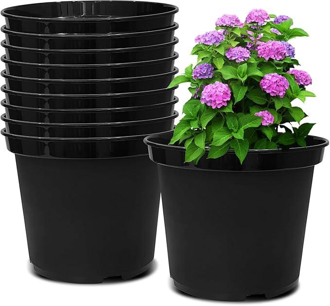 RooTrimmer 5 Pack 10 Inch Plant Pots , Plastic Flower Pots with Drainage Holes, Large Planters for Indoor Outdoor Garden, House Plants, Flowers, Herbs, Gardening Gifts, Black