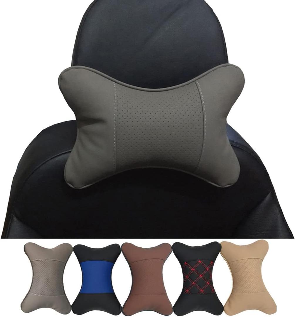 Car Neck Pillows Both Side Pu Leather 2pieces Pack Headrest Fit for Most Cars Filled Fiber Universal Car Pillow (Grey)