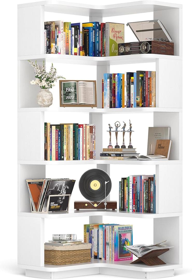 Armocity Corner Book Shelf - 6-Shelf Corner Bookshelf Etagere Bookcase with Baffle, Freestanding L Shaped Display Shelf Stand for Home Office, Living Room, Bedroom, Kitchen, White, 6-tier