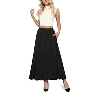 Yincro Womens Maxi Skirt Casual Flowy Elastic High Waist Long Skirts with Pockets (Black, 2XL)