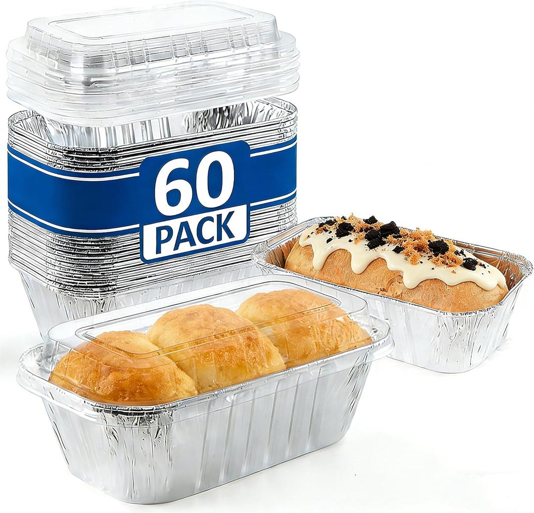 Findful 60 Pack 6"x3.5"x2" Disposable Aluminum Loaf Pans with Chear Lids, 1 lb Mini Foil Loaf Pans & Food Containers,Small Aluminum Tin Foil Baking Pan for Cakes, Bread, Meat, Loaves