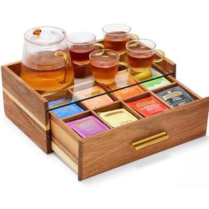 Acacia Wood Tea Bag Organizer, Tea Box with Storage Drawer, 8 Compartments Tea Organizer for Tea Bags with Glass Window, Coffee Pods and Tea Organizer Holder for Countertop, Tea Station Chest Display