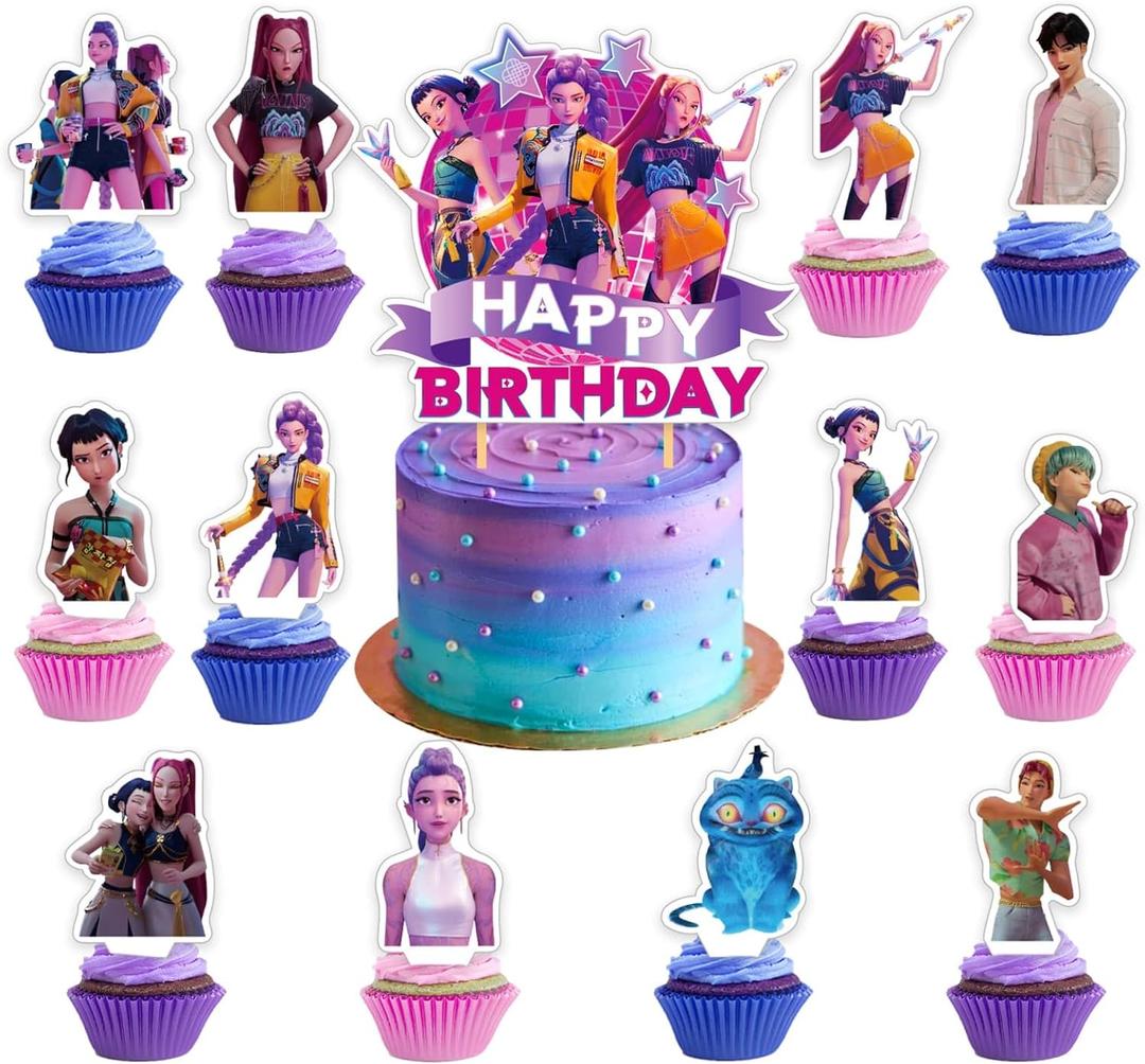 Demon Movie Hunters Party Supplies, Cute Birthday Party Decorations Include Happy Birthday Cake Toppers, cupcake decorations Cartoon Table Decorations