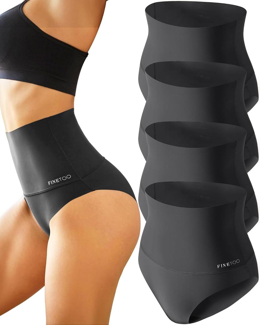 FINETOO Tummy Control Underwear for Women High Waisted Nylon Brief No Show Womens Bikini Seamless Panties, 4 Pack, (Small, Black)