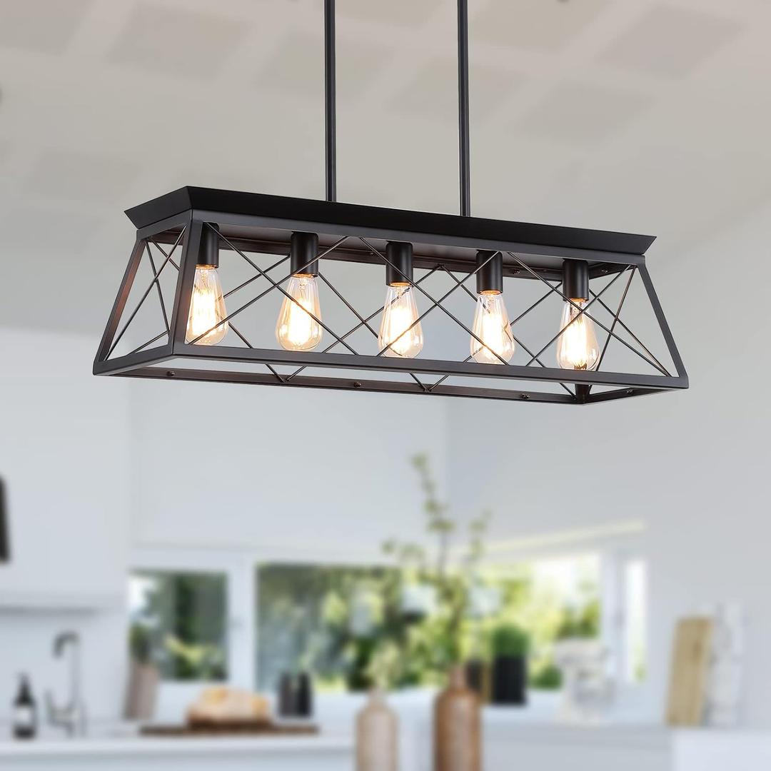 Farmhouse Chandeliers for Dining Room, Rustic Kitchen Island Light Fixture, 5-Light Linear Pendant Lighting Rectangular Chandelier, Metal Solid Ceiling Lights Black