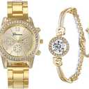 3 Pcs Elegant Diamond Watches and Bracelet Set for Women Classic Round Dial Rehinestore Bezel Analog Quartz Ladies Watches