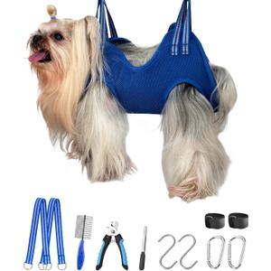 Kkiimatt 10 in 1 Dog Grooming Hammock Harness with Nail Clippers, Nail Trimming Hammock for Pet, Grooming Sling Hanger Holder Restaint for Nail Trimming/Clipping (XXS/Under 10lb Blue)