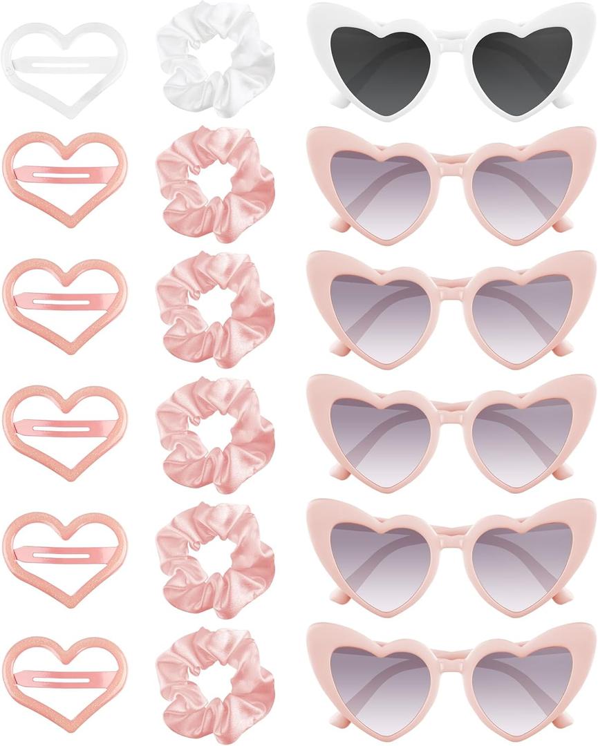 PLULON 6 Pairs Bachelorette Sunglasses 6 Pcs Satin Bridesmaid Scrunchies 6 Pcs Heart Hair Clips, Wedding Favors Proposal Gift (Pink+white)