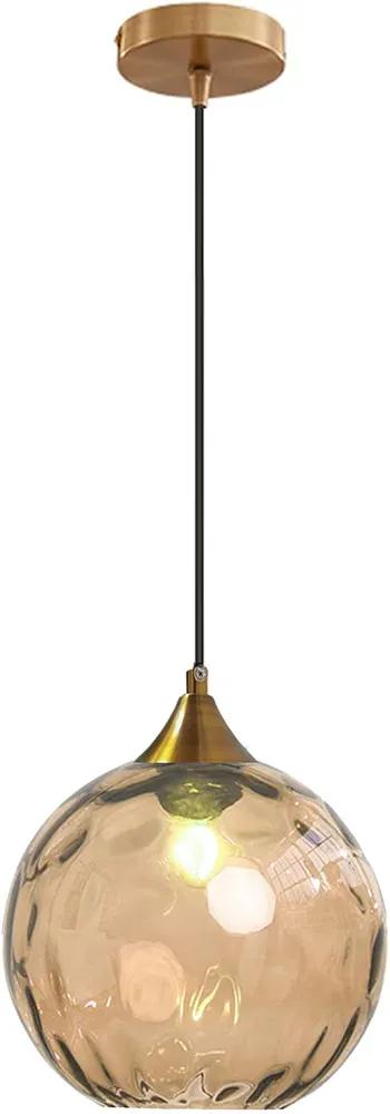 Theopractic Modern Glass Pendant Light Fixtures, Ceiling Hanging Lamp, Globe Lampshade in Water Ripple,Golden Lamp Head, Retro Kitchen Lights for Dining Bedroom Bar Cafe (Amber)