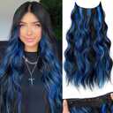 KooKaStyle Invisible Wire Hair Extensions with Transparent Headband Adjustable Size 4 Secure Clips Long Wavy Highlight Synthetic Hairpiece 20 Inch Black with Blue for Women