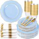 Liacere 350PCS Bule Plastic Plates - Disposable Bule and Gold Plates 50guest Baroque Plastic Dinnerware include 100Plates, 50Pack Pre Rolled Napkins with Silverware 50Cups for Wedding&Mother's Day (Light Blue)