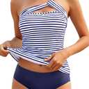 Tempt Me Two Piece Tankini Bathing Suits for Women One Shoulder Swim Top with Bottom Swimsuits, Size M (White Blue Stripe)