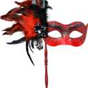 2025 New Masquerade Mask for Women with Stick - Shiny Women's Feather Mardi Gras Venetian Mask for Costume Accessory (Black Red)