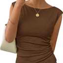 ZESICA Women's Summer Ruched Trendy Tank Top 2026 Cap Sleeve Boat Neck Slim Fit Cute Tops Going Out Tee Shirts Fashion (Brown, M)