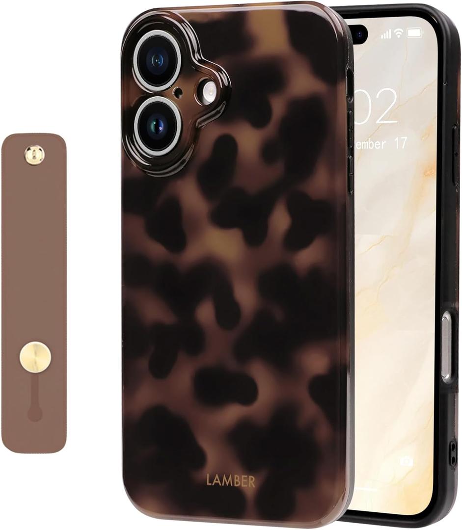 NITITOP Compatible with iPhone 16 Case with Wrist Strap Cute Stylish Leopard Aesthetic Tortoise Amber Design for Women Girls Men Soft TPU Shockproof Protective Cover - Brown
