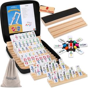 Doreimi Mexican Train Dominoes Set Numbers and 8 Wooden Holders, Double 12 Travel Domino Train Game with 91 Colored Tiles and Protable Case, Number Domino Set for Kids, Adults Family Board Team Games
