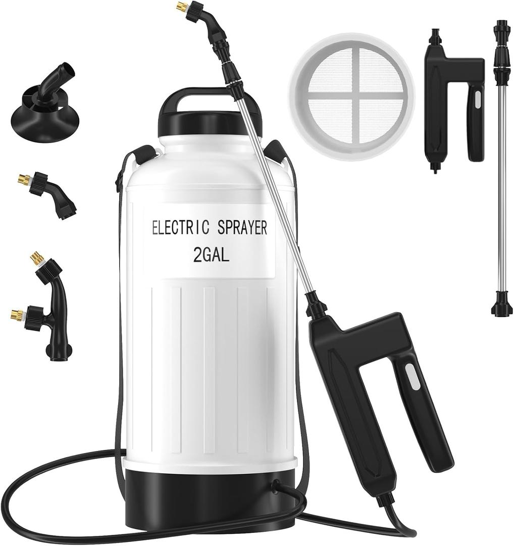 Battery Powered Electric Sprayer 2 Gallon Garden Pump Sprayer, Retractable Wand, 3 Mist Nozzles, USB Rechargeable Handle & Adjustable Shoulder Strap for Yard Lawn Planting