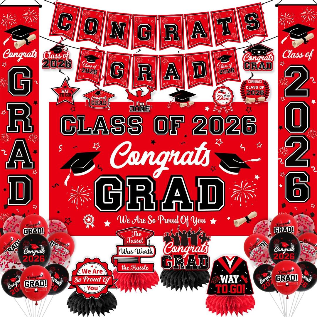 Graduation Decorations Red and Black Party Decor Set include Congrats Grad Banner Graduation Backdrop Class of 2026 Balloons Party Supplies