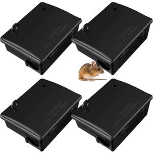 Qualirey 4 Pack Rat Bait Stations Large Rodent with Key Reusable Mouse Stations Mice Blocks Heavy Duty Boxes for Outdoor Rodents Mice Blocks, Bait Not Included, Black (9.8 x 7.5 x 3.9 Inches) (Classic)