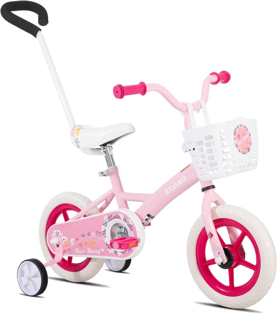 KEANO Voyager 12 Inch Kids Bike for Girls Ages 2-4 Years, Toddler Bike with Training Wheels & Basket, Detachable Parent Push Handle, Children Bicycle in Pink
