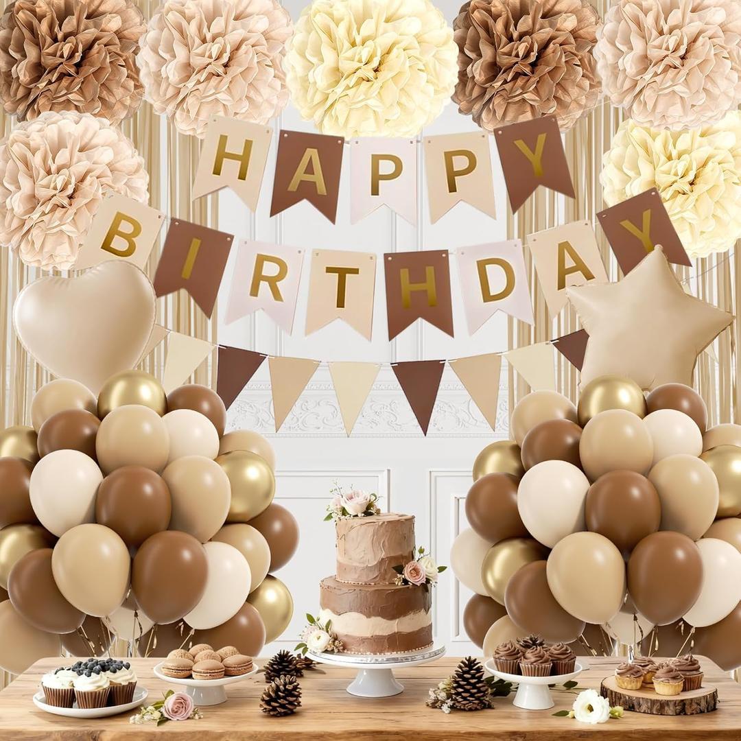 Brown Birthday Decorations for Women with Nude Beige Paper Pompoms Dark Brown Sand White Metallic Gold Balloons Fringe Curtain Banner for Boho Neutral Birthday Decorations