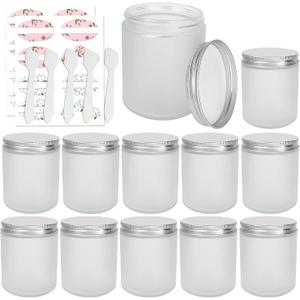 12 Pack 8 oz Round Frosted Glass Jars with Silver Metal Lids, 240ml Matte Clear Empty Candle Jars Cosmetic Jars Food Storage Containers, Canning Jars For Spice, Powder, Liquid, Sample, Face Cream Lotion