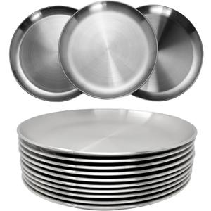 Stainless Steel Plates 9 inch 304 Metal Lightweight Unbreakable Dinner Dishes Plates Set Non-Toxin Dishwasher Safe BPA Free and Healthy (10 Pcs)