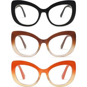 AMOMOMA 3 Pack Stylish Oversized Cat Eye Reading Glasses for Women Fashion Readers Blue Light Square Computer Glases AM6077 (C1.black+c2.tortoise Grading Green+c5.orange Grading)