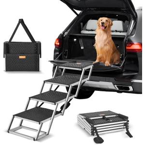 VEVOR 4-Step Dog Car Steps, Folding Dog Ramp with Nonslip Surface, Portable Pet Steps in Aluminum for Car, SUV and Truck, Supports up to 250 lbs
