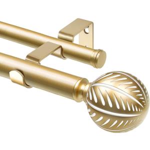 KAMANINA 1 Inch Wood Double Curtain Rods for Windows 72 to 144 Inches (6-12 Feet), Long Heavy Duty Decorative Curtain Rod, Boho Wooden Drapery Rods with Leaf Pattern Finials, Gold