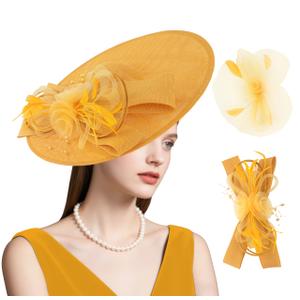 dressfan Wide Brim Fascinator Derby Hats for Women,20s Linen Detachable Flowers Big Fascinator Hat with Headband for Derby Church Wedding Tea Party,X38-Yellow