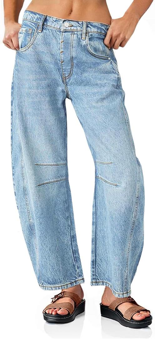 PLNOTME Women's Baggy Boyfriend Jeans Vintage Wide Leg Mid Rise Barrel Denim Ankle Pants (6, Light Blue)