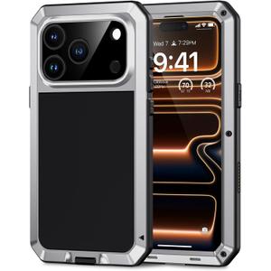 Lanhiem for iPhone 17 Pro Max Metal Case, Heavy Duty Shockproof Tough Rugged Case with Built-in Glass Screen Protector, 360 Full Body DustProof Protective Cover for iPhone 17 Pro Max 6.9", Silver