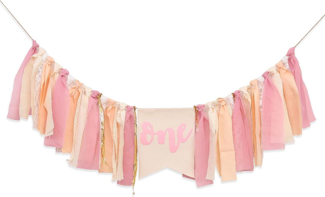 Girl Pink Theme 1st Birthday High Chair Banner - Boho First Birthday Cake Smash Photo Decor (PINK ONE HF)