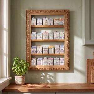 Vintage Wooden Spice Rack for 24 Jars Gold Ornate Frame Village Style Hanging Spice Shelf Wall Mounting Kitchen Storage Display Shelf Holiday Decorative Kitchen Decoration